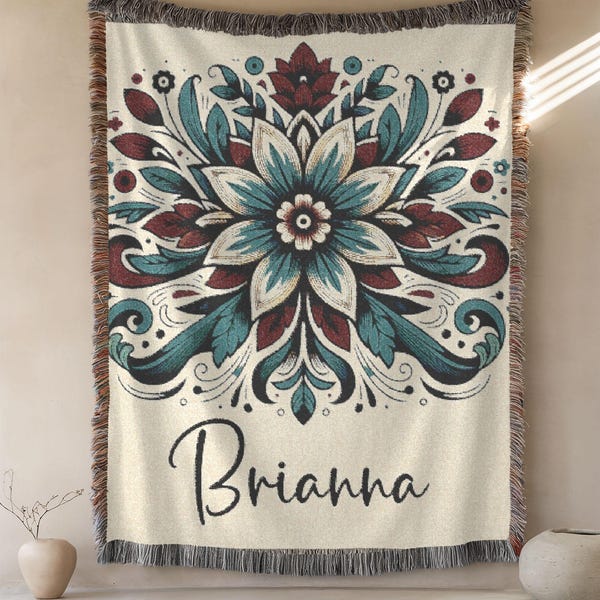 February Birth Flower Blanket, Personalized Violet Woven Throw with Name, Custom Folk Art Birthday Gift for Her, Gift for Mom
