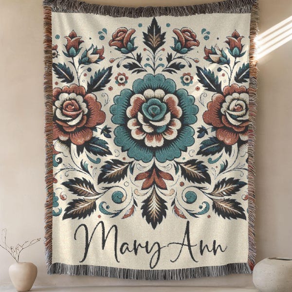 Custom Rose Birth Flower Woven Blanket, Personalized Birth Month Folk Art Bouquet Flowers with Name, June Birthday Gift, Mother's Day Gift