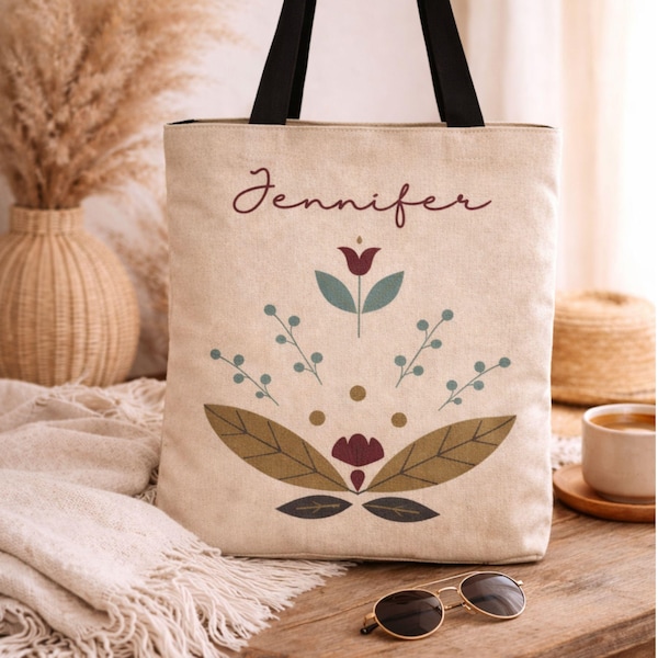 Personalized Woven Tapestry Tote Bag With Name, Custom Floral Tote, Birthday Gift for Her, Folk Art Floral Market Bag, Custom Gifts For Her