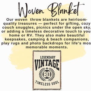 May include: Woven blanket with the text "Legendary Vintage 80 Timeless Soul." The blanket is beige with a black and white design. The blanket is a woven throw blanket.