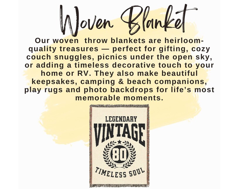 May include: Woven blanket with the text "Legendary Vintage 80 Timeless Soul." The blanket is beige with a black and white design. The blanket is a woven throw blanket.