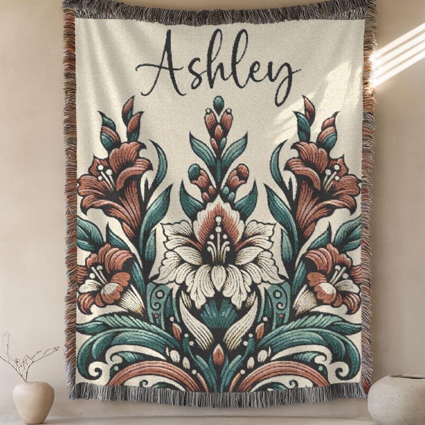 Custom Birth Flower Woven Blanket, Personalized Gladiolus Birth Month Folk Art Flowers with Name, August Birthday Gift, Mother's Day Gifts