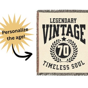 May include: Cream-colored woven throw blanket with black text that reads "LEGENDARY VINTAGE 70 TIMELESS SOUL." The number 70 is inside a laurel wreath. A yellow burst graphic with the text "Personalize the age!" is also present.