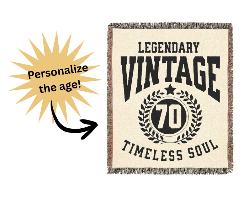 May include: Cream-colored woven throw blanket with black text that reads "LEGENDARY VINTAGE 70 TIMELESS SOUL." The number 70 is inside a laurel wreath. A yellow burst graphic with the text "Personalize the age!" is also present.
