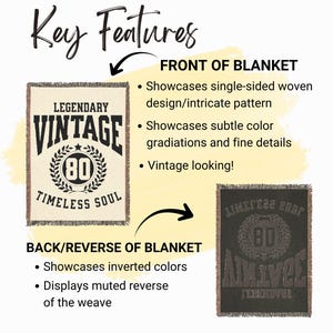 May include: A woven blanket with the text "LEGENDARY VINTAGE 80 TIMELESS SOUL" in black on a cream background. The reverse side shows inverted colors. The blanket has a fringe.