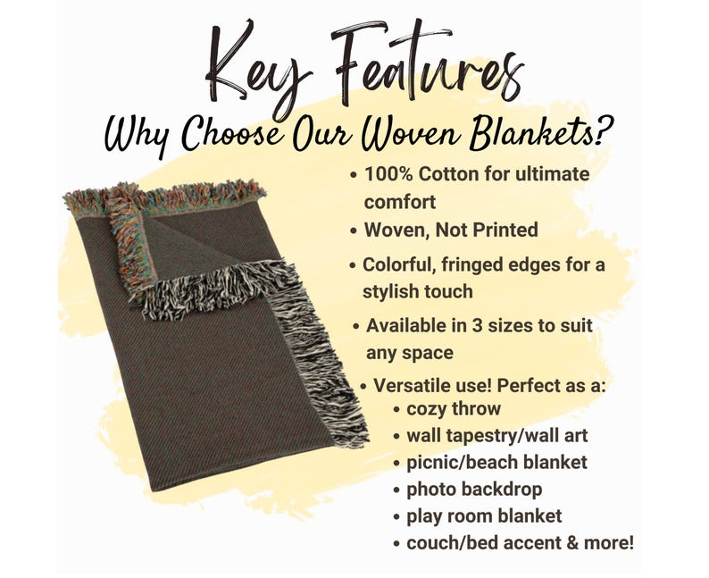 May include: A folded, dark brown woven blanket with fringed edges in shades of green, orange, and gray. The text reads "Key Features" and "Why Choose Our Woven Blankets?" with bullet points describing the blanket's features.