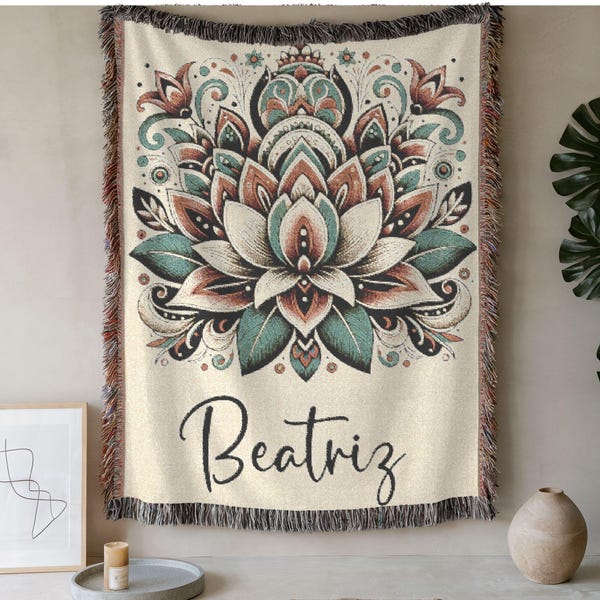Custom Birth Flower Blanket, Personalized Water Lily Birth Month Folk Art Flowers with Name Woven Throw, July Bday Gift, Mother's Day Gifts
