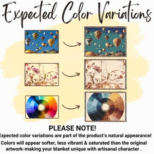 May include: Image showing color variations of a product. The top section displays a hot air balloon design, the middle shows a floral pattern, and the bottom features a color palette. Text reads "Expected Color Variations" and "PLEASE NOTE!"