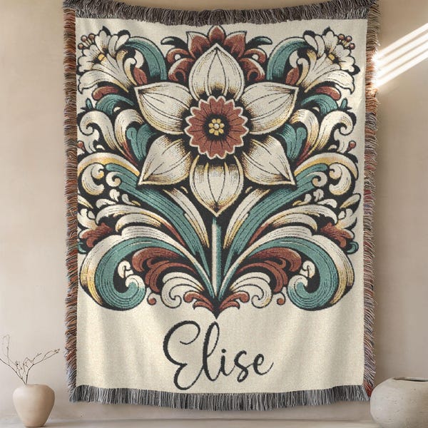 March Birth Flower Blanket, Personalized Daffodil Woven Throw with Name, Custom Folk Art Birthday Gift for Her, Gift for Mom, Keepsake Gift