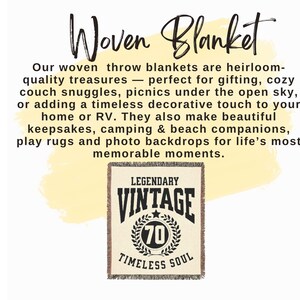 May include: A woven blanket with the words "Woven Blanket" in a script font. The blanket features the text "LEGENDARY VINTAGE 70 TIMELESS SOUL" in a vintage style. The background is white with a yellow paint stroke.