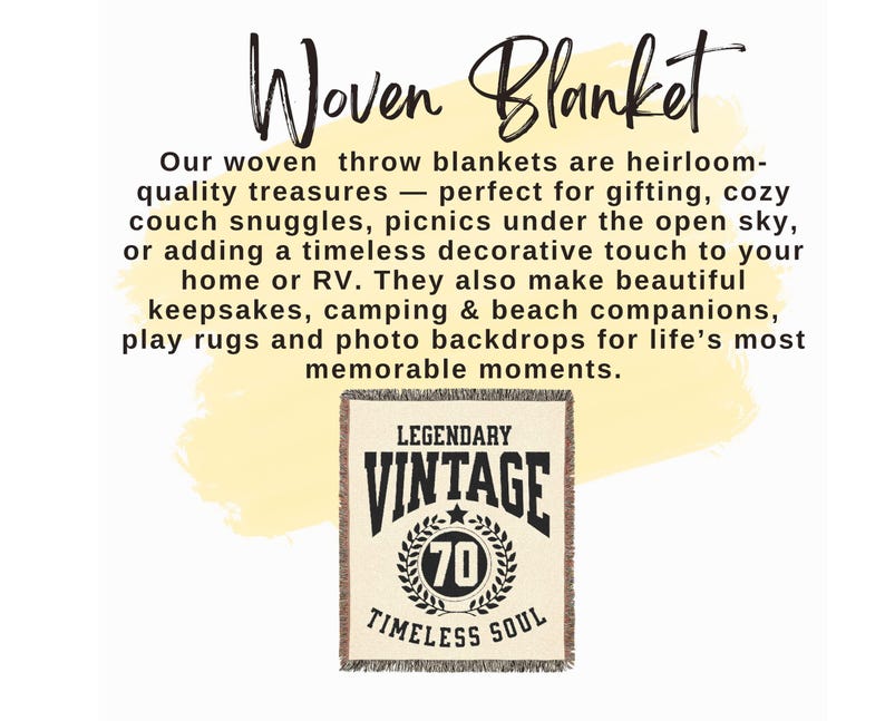 May include: A woven blanket with the words "Woven Blanket" in a script font. The blanket features the text "LEGENDARY VINTAGE 70 TIMELESS SOUL" in a vintage style. The background is white with a yellow paint stroke.