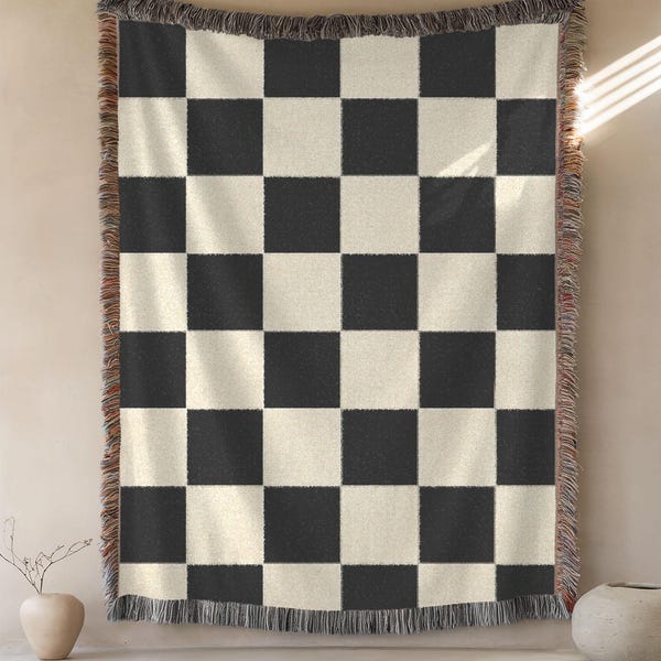 Checkerboard Woven Blanket Throw, Black and White Checkered Cotton Blanket, Housewarming Gift, Birthday Gift for Her, Large Wall Tapestry