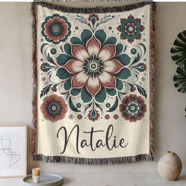 Custom Birth Flower Woven Blanket, Personalized Cosmos Birth Month Folk Art Flowers with Name, October Bday Gift for Her, Mother's Day Gift