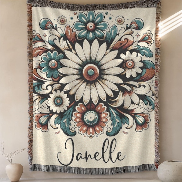 Custom Birth Flower Woven Blanket, Personalized Birth Month Folk Art Daisy Flower with Name, April Birthday Gift, Birthday Gift for Daughter