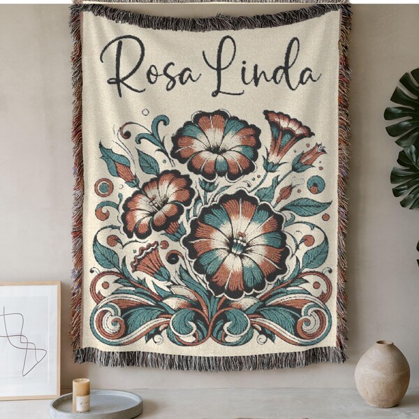 Custom Birth Flower Woven Blanket, Personalized Morning Glory Birth Month Folk Art Flowers with Name, September Bday Gift, Mother's Day Gift