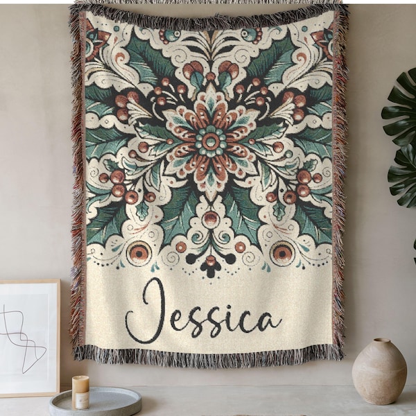 Custom Birth Flower Woven Blanket, Personalized Holly Birth Month Folk Art Flowers with Name, December Bday Gift, Mother's Day Gift