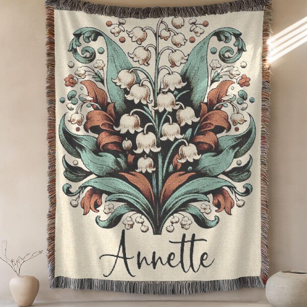 Custom Lily of the Valley Birth Flower Woven Blanket, Personalized Birth Month Folk Art Bouquet Flowers with Name, May Birthday Gift for Her