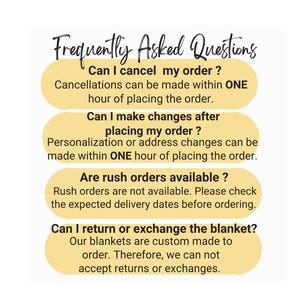May include: A graphic with the title "Frequently Asked Questions" and answers about order cancellations, changes, rush orders, and returns. The answers are in a clear, easy-to-read format.