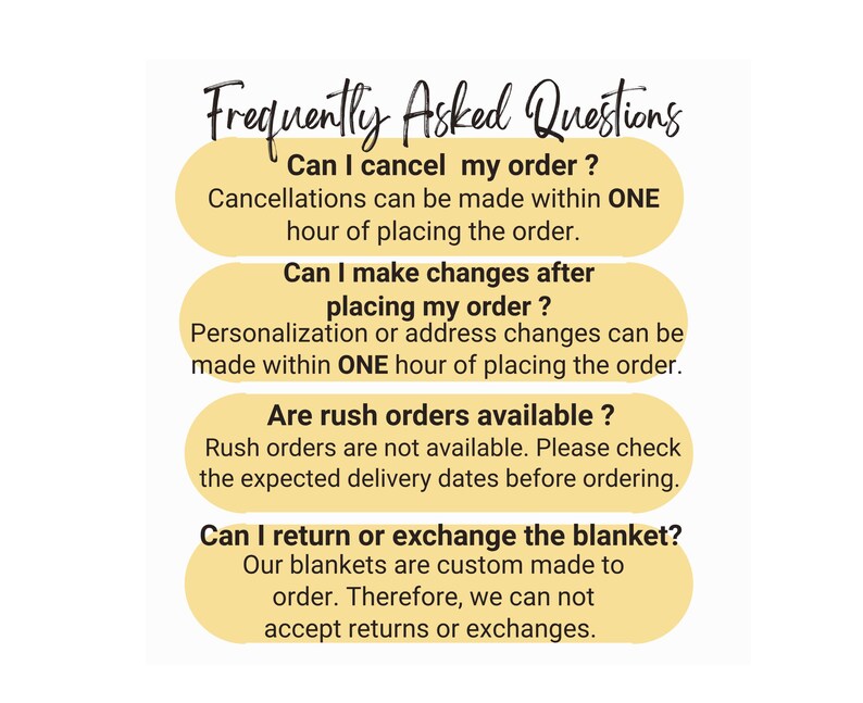 May include: A graphic with the title "Frequently Asked Questions" and answers about order cancellations, changes, rush orders, and returns. The answers are in a clear, easy-to-read format.