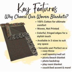 May include: A dark gray woven blanket with fringed edges in shades of green, orange, and white. The text reads "Key Features" and "Why Choose Our Woven Blankets?" with bullet points describing the blanket's features.
