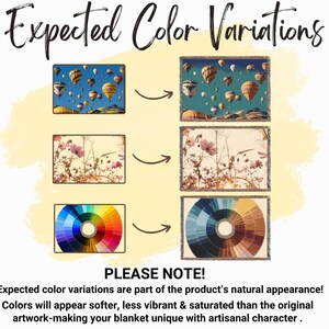May include: Image showing examples of expected color variations for a blanket. The top example features hot air balloons against a blue sky. The middle example shows floral patterns. The bottom example shows a color wheel.