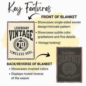 May include: A woven blanket with the words "LEGENDARY VINTAGE 70 TIMELESS SOUL" in black on a cream background. The reverse side shows inverted colors. The blanket has a single-sided woven design with subtle color gradations.