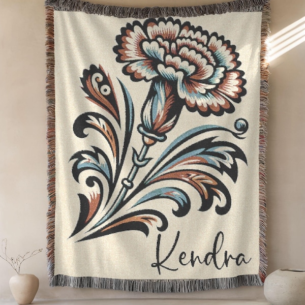 January Birth Flower Blanket, Personalized Carnation Woven Throw with Name, Custom Folk Art Birthday Gift, Gift for Mom