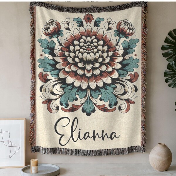 Custom Birth Flower Woven Blanket, Personalized Chrysanthemum Birth Month Folk Art Flowers with Name, November Bday Gift, Mother's Day Gift