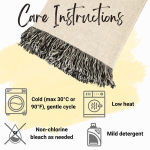 May include: Image showing care instructions for a textile item. The text reads "Care Instructions" above a diagram of a washing machine, with instructions for cold water (max 90&deg;F), gentle cycle, non-chlorine bleach, low heat, and mild detergent.