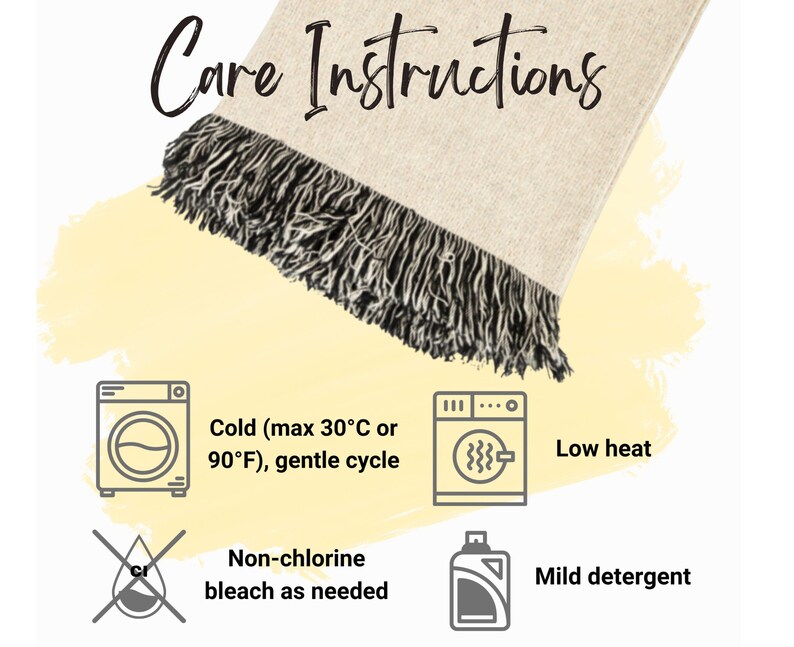 May include: Image showing care instructions for a textile item. The text reads "Care Instructions" above a diagram of a washing machine, with instructions for cold water (max 90&deg;F), gentle cycle, non-chlorine bleach, low heat, and mild detergent.
