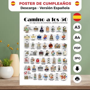 Puede incluir: Un póster blanco con texto en español, incluyendo "POSTER DE CUMPLEAÑOS" y "Camino a los 50". El póster es una línea de tiempo de eventos de 1975 a 2024, con ilustraciones y texto. Incluye opciones A3, A4, PDF y JPG.