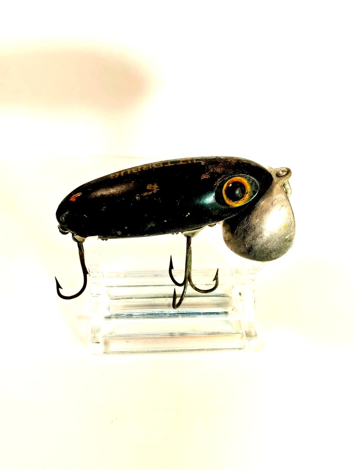 bass fishing with a jitterbug topwater lure Vintage Fred Arbogast Jitterbug Fishing Lure – Black Topwater Bass Lure –  Made in Akron, Ohio – 1950s–1960s Collectible Wooden Plug