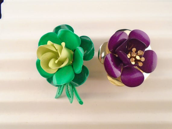 Two (2) Large Enamel Metal Flower Brooches/Pins Vi
