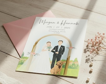 Editable Wedding Invitation – Cartoon Bride & Groom with Pet Dog | Digital Template