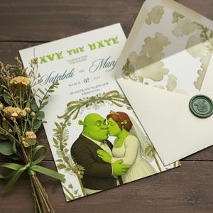 May include: Wedding invitation featuring Shrek and Fiona kissing, with the text "SAVE THE DATE" in green. The invitation includes the names "Satabdi and Manj" and the date "March 07 2024". An envelope with a green wax seal is also present.