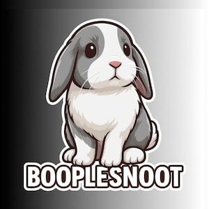 May include: A cartoon illustration of a gray and white bunny with long ears and a pink nose. The bunny is sitting upright with the text "BOOPLESNOOT" in a bold font below it. The background is a gradient of black to white.