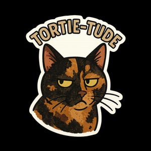 May include: A sticker featuring a grumpy-looking tortoiseshell cat with the text "TORTIE-TUDE" above its head. The cat has black and brown fur, yellow eyes, and a white outline against a black background.