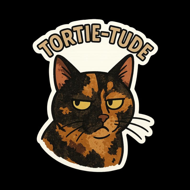May include: A sticker featuring a grumpy-looking tortoiseshell cat with the text "TORTIE-TUDE" above its head. The cat has black and brown fur, yellow eyes, and a white outline against a black background.