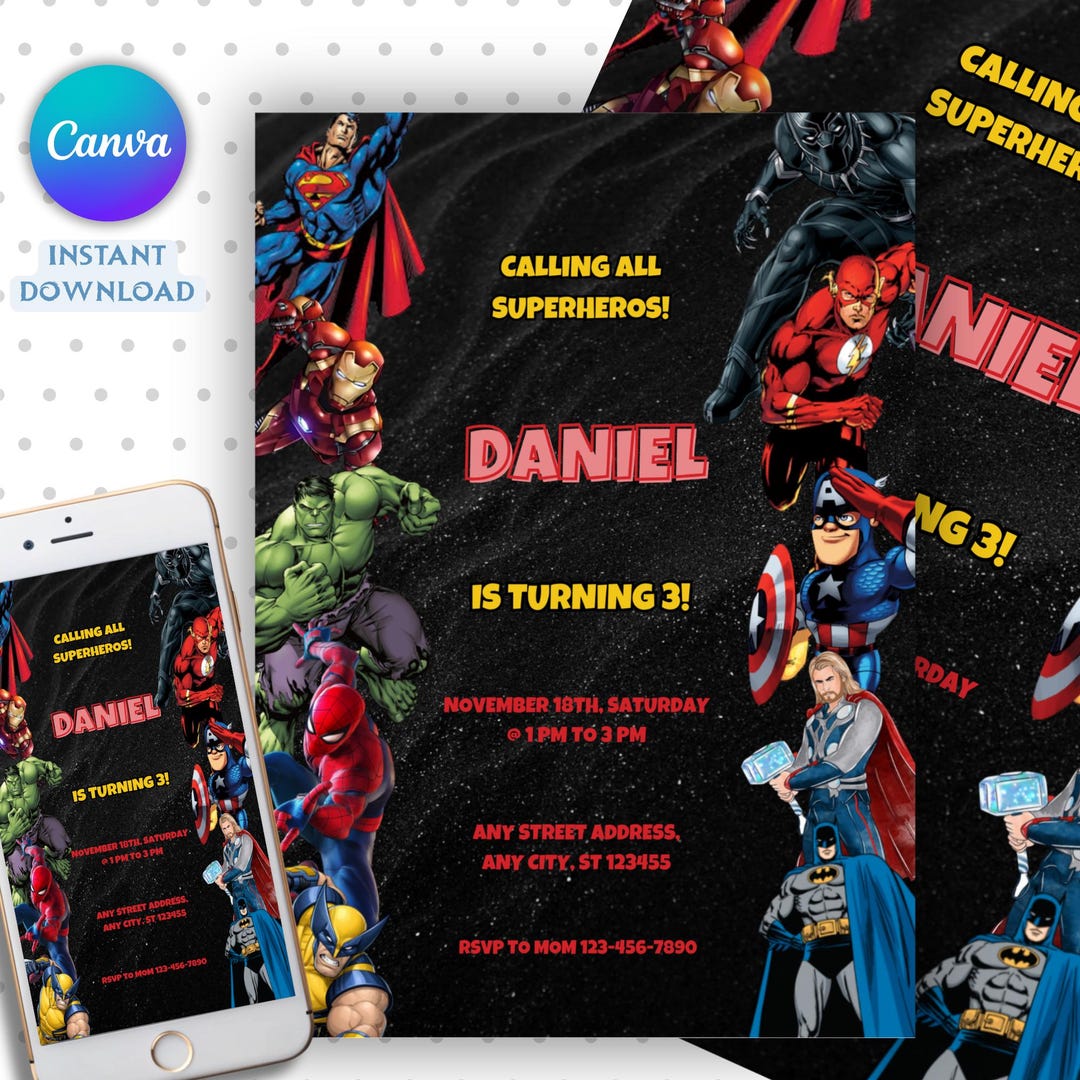 Editable Superheroes Birthday Invitation Template, Spider-man Iron Man ...