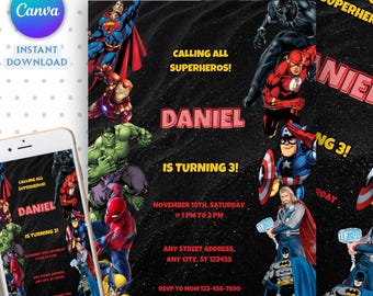 Editable Superheroes Birthday Invitation Template, Spider-Man Iron Man Birthday Invite, Avengers Party Editable Template