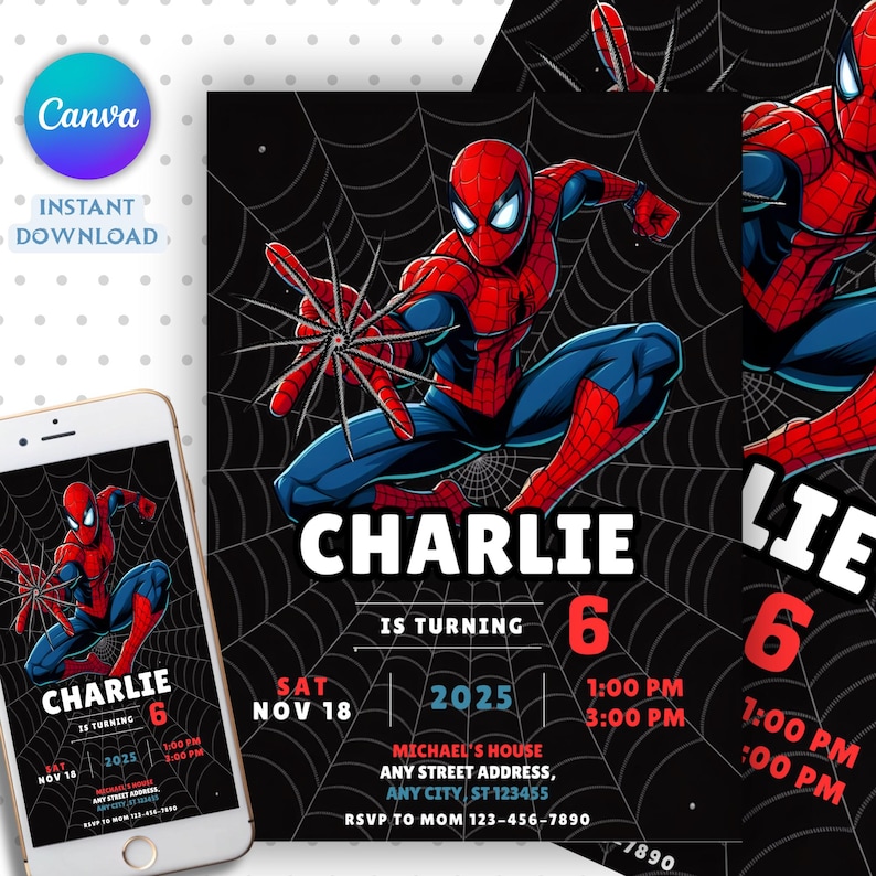 May include: A Spider-Man themed birthday party invitation for a child named Charlie, turning 6. The invitation includes the date, time, and location details. The design features a Spider-Man illustration on a black web background, with the text "Instant Download".