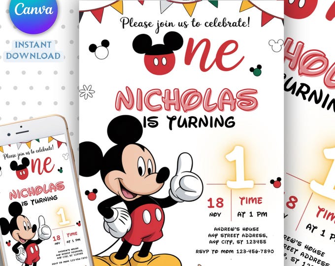 Editable Mickey Mouse Birthday Invitation, Printable Invitation Mickey ...