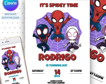 Editable Watercolor Spidey and his Amazing Friends Birthday Party Invitation