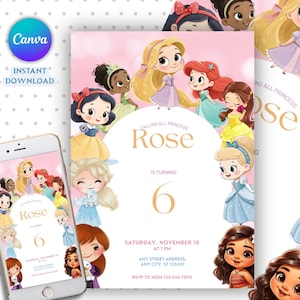 Puede incluir: Una invitación de cumpleaños rosa con temática de princesas con ilustraciones de princesas de dibujos animados. La invitación incluye el nombre "Rose", el número "6" y los detalles del evento. Un teléfono inteligente muestra una invitación a juego.