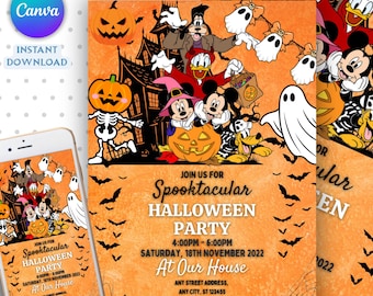 Halloween Birthday Party Invitation, Mickey Mouse and Friends