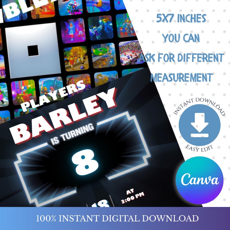 May include: Digital invitation with a black background and white and red text that reads "BARLEY IS TURNING 8". The invitation is 5x7 inches and includes the text "100% INSTANT DIGITAL DOWNLOAD".