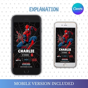 May include: Two smartphones showing a birthday invitation with Spider-Man. The invitation includes the name "Charlie", age "6", date, time, and address. The words "Mobile Version Included" are at the bottom.