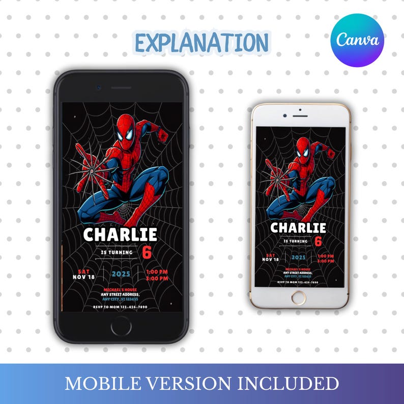 May include: Two smartphones showing a birthday invitation with Spider-Man. The invitation includes the name "Charlie", age "6", date, time, and address. The words "Mobile Version Included" are at the bottom.