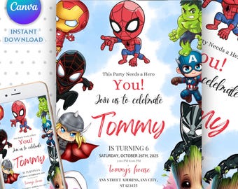 Editable Watercolor Spidey and his Amazing Friends Birthday Party Invitation, Superhero Birthday Invite Canva Template, Instant Download