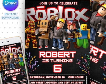 Roblox Invitation, Roblox Invite, Game Party, Roblox Boys Birthday Invitation Template, Game Birthday, Kids Roblox, Editable Template, Canva